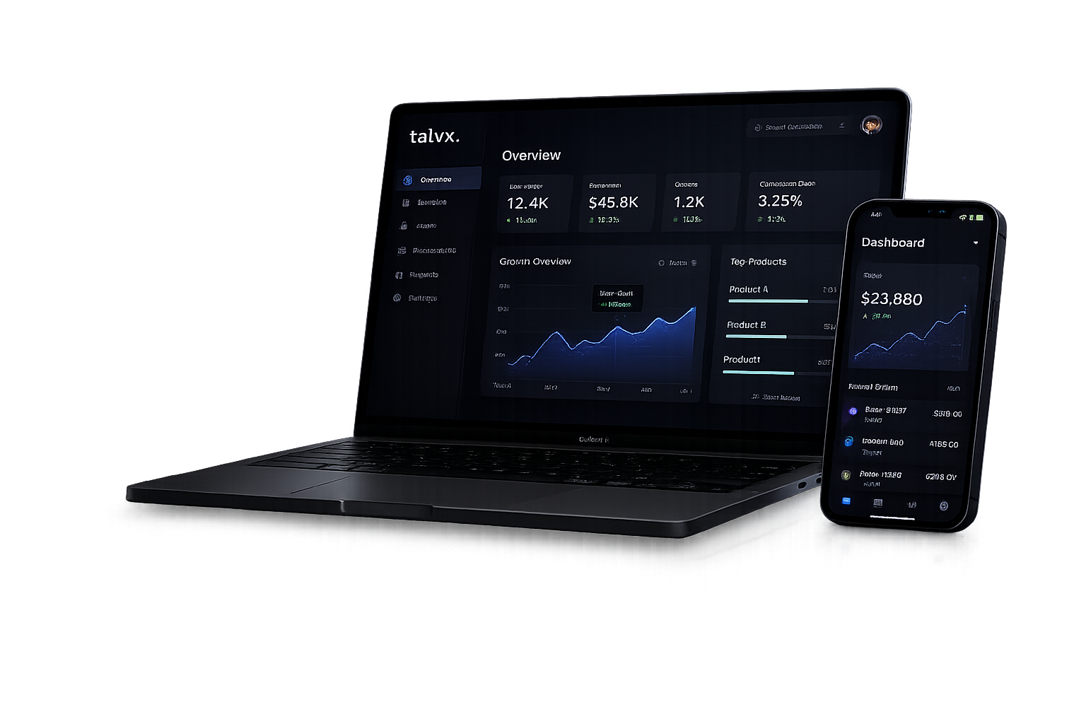 Talvx dashboard mockup on laptop and mobile