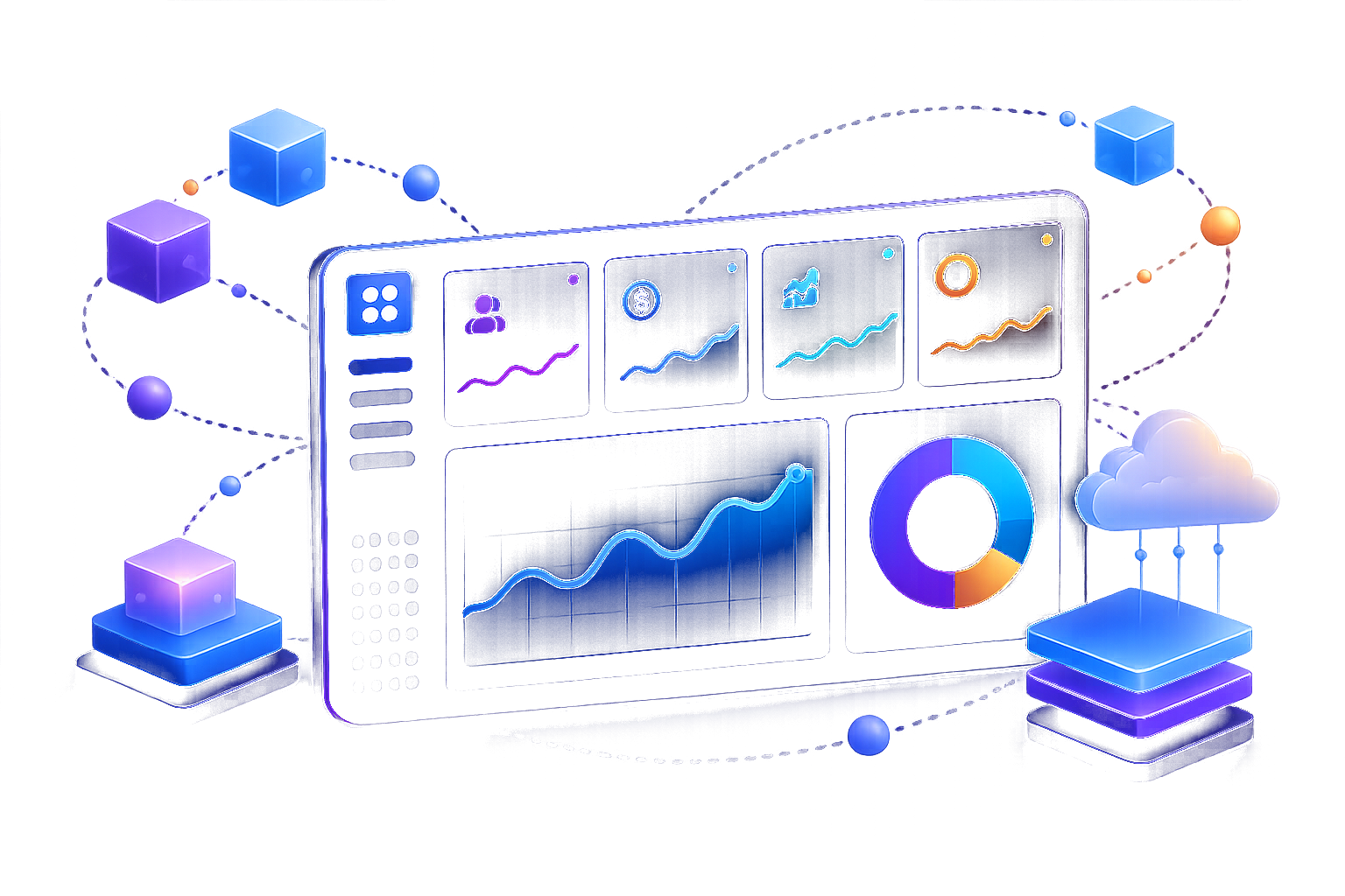 3D dashboard mockup with analytics widgets and cloud icons